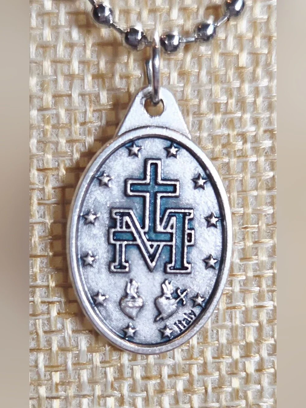 NWOT Italy Miraculous Medal Necklace Silver Virgin Mary Pendant 1830 Ball Chain